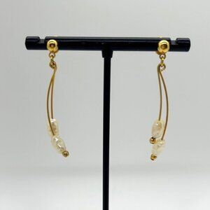 Faux Freshwater Pearl Gold-Tone Dangle Earrings Minimalist Design Lightweight